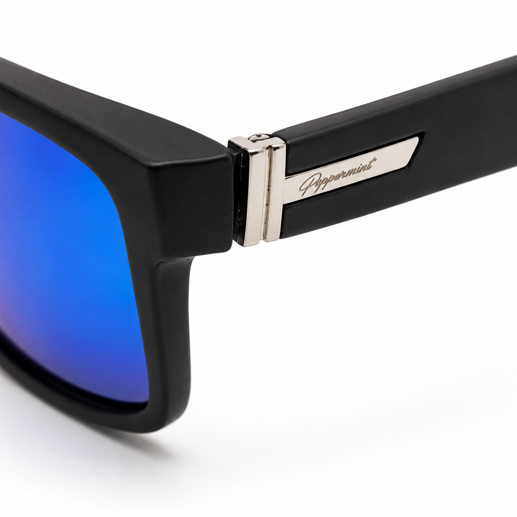 Lentes de Sol Polarizados UV400 Rectangular Negro Espejado Azul Detalle Metálico Hombre Peppermint