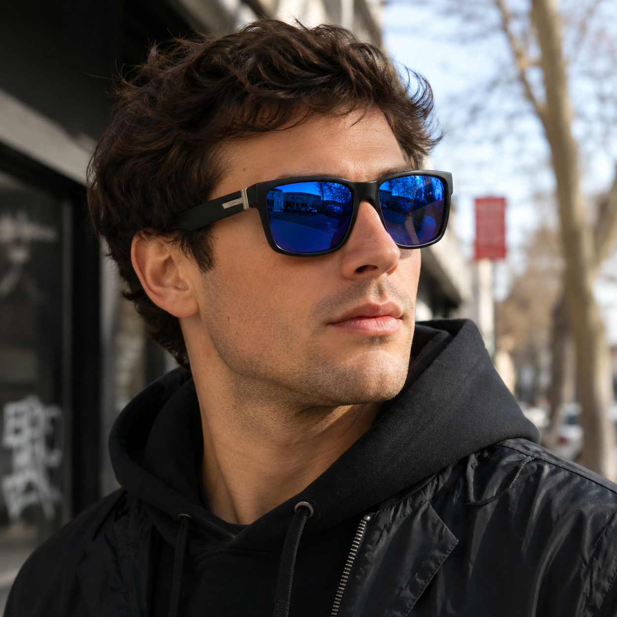 Lentes de Sol Polarizados UV400 Rectangular Negro Espejado Azul Detalle Metálico Hombre Peppermint