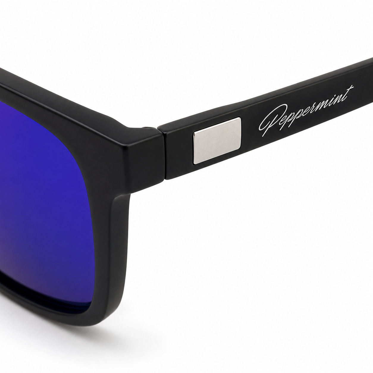 Lentes de Sol UV400 Rectangular Negro Cristal Azul Espejado Varilla Metálica Hombre Peppermint