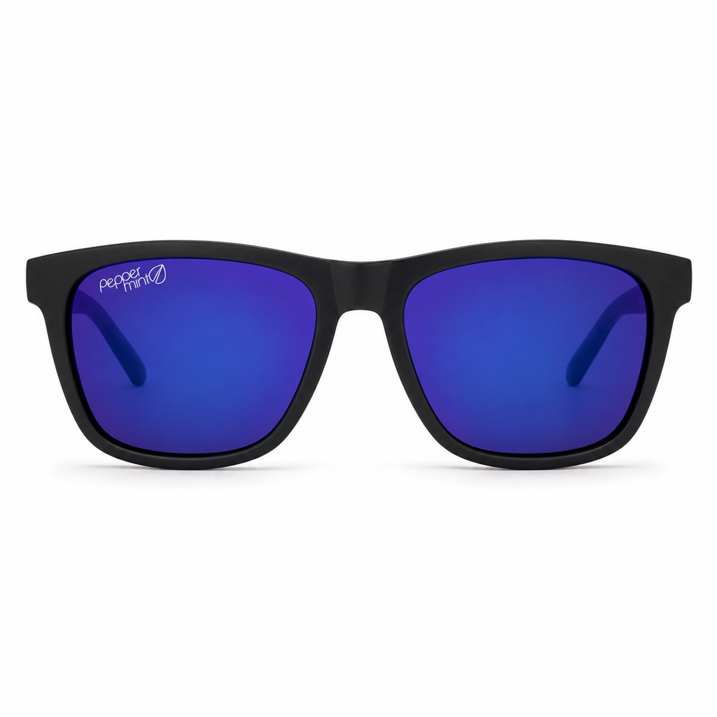 Lentes de Sol UV400 Rectangular Negro Cristal Azul Espejado Varilla Metálica Hombre Peppermint
