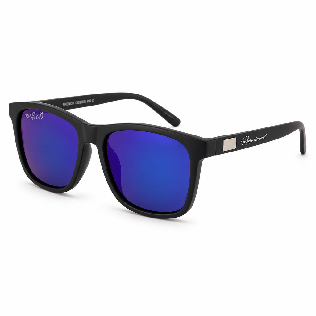 Lentes de Sol UV400 Rectangular Negro Cristal Azul Espejado Varilla Metálica Hombre Peppermint