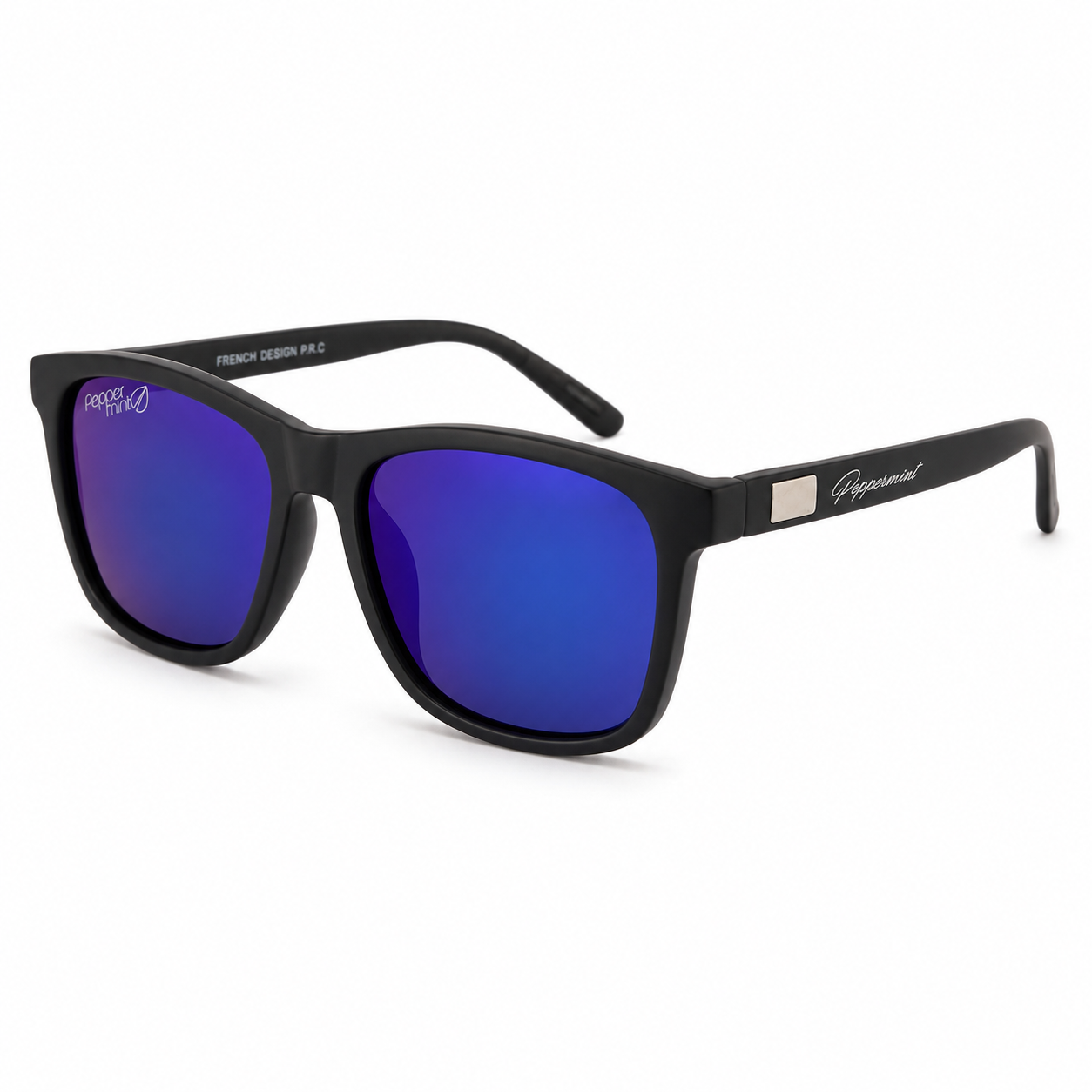 Lentes de Sol UV400 Rectangular Negro Cristal Azul Espejado Varilla Metálica Hombre Peppermint