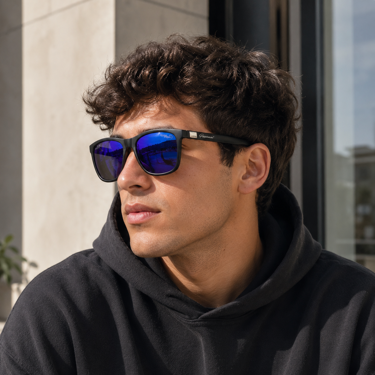 Lentes de Sol UV400 Rectangular Negro Cristal Azul Espejado Varilla Metálica Hombre Peppermint