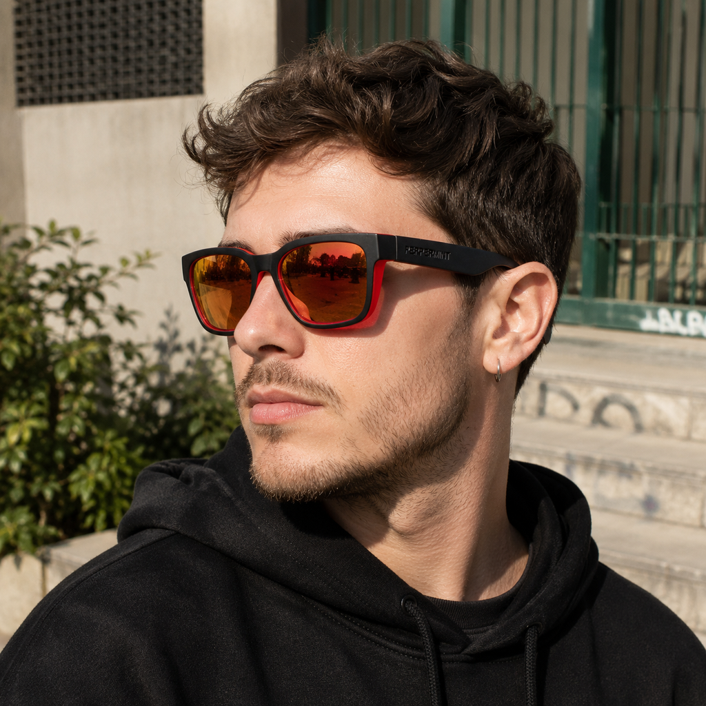 Modelo usando lentes de sol bicolor rojo negro Peppermint