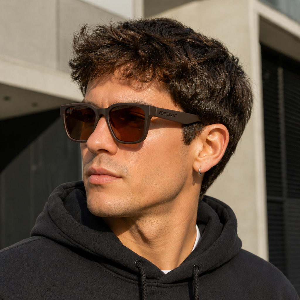 Modelo usando lentes de sol cuadrado café Peppermint