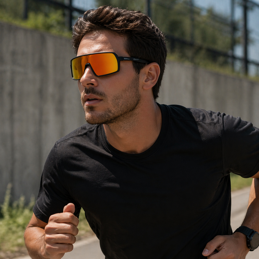Modelo usando lentes de sol deportivo espejo naranjo Peppermint