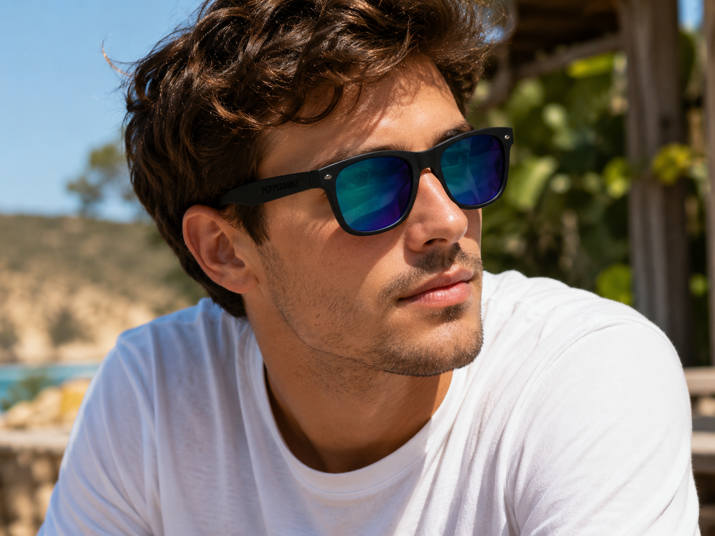 Lentes de Sol UV400 Clásico Negro Cristal Tornasol Azul Peppermint