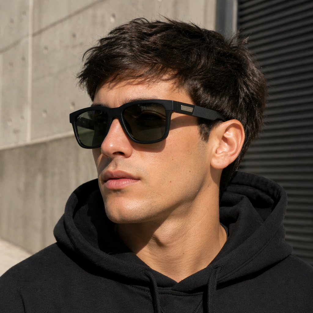 Modelo usando lentes de sol negro lente verde Peppermint