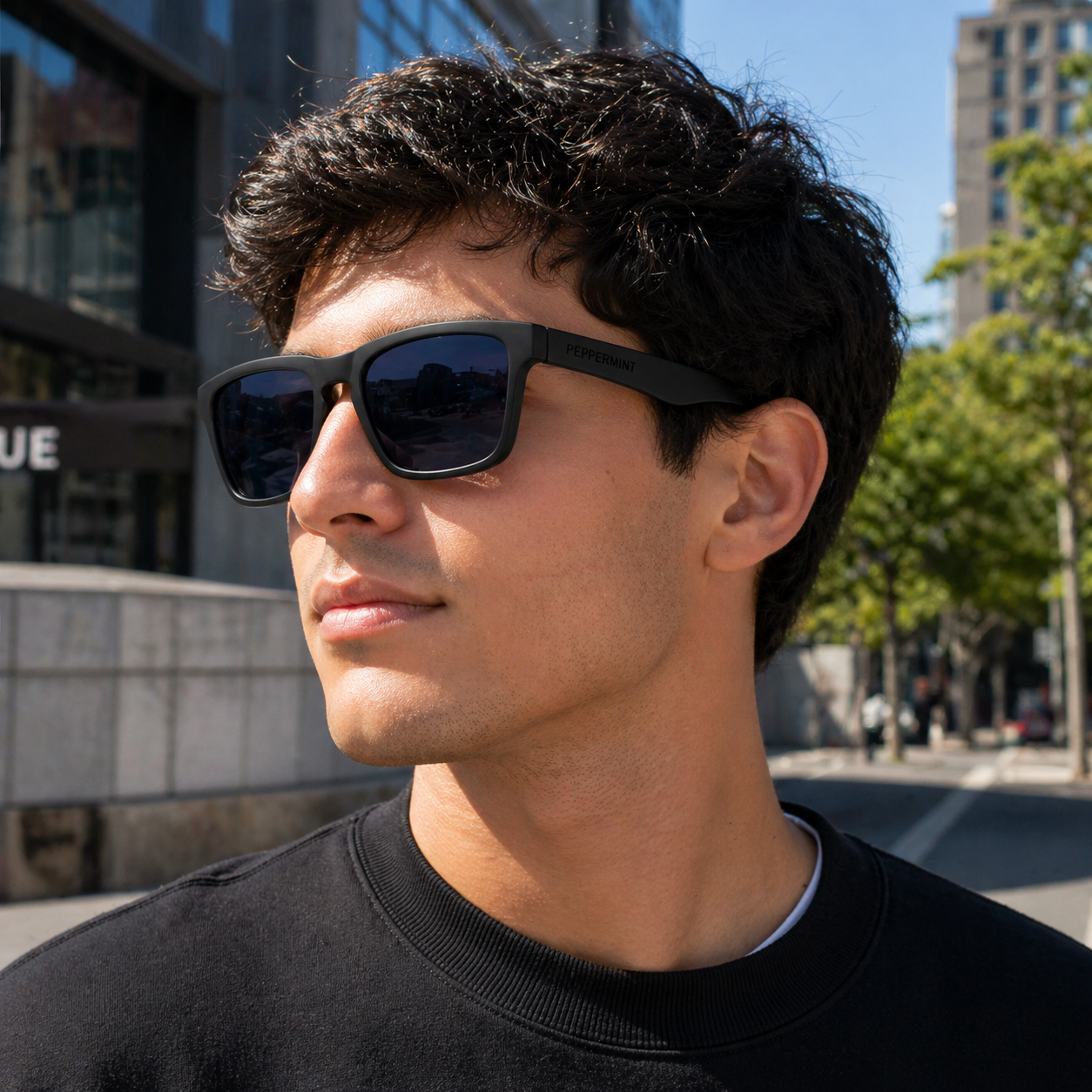 Lentes de Sol UV400 Rectangular Full Black Hombre Peppermint