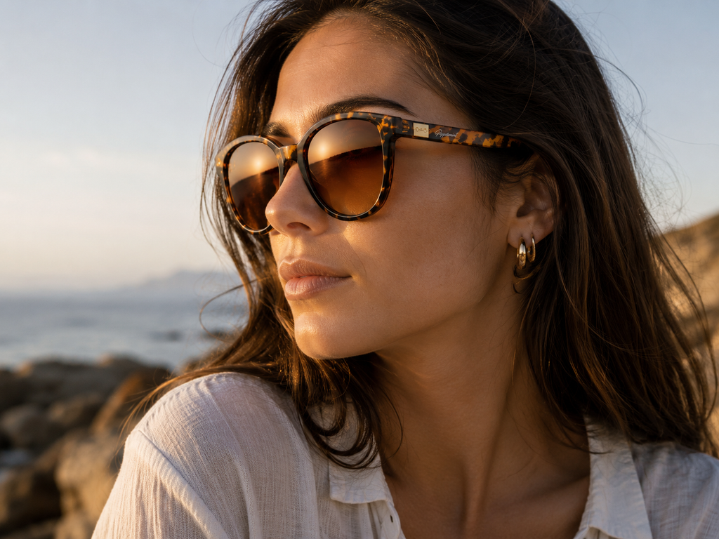 Modelo usando lentes de sol cat eye carey Peppermint