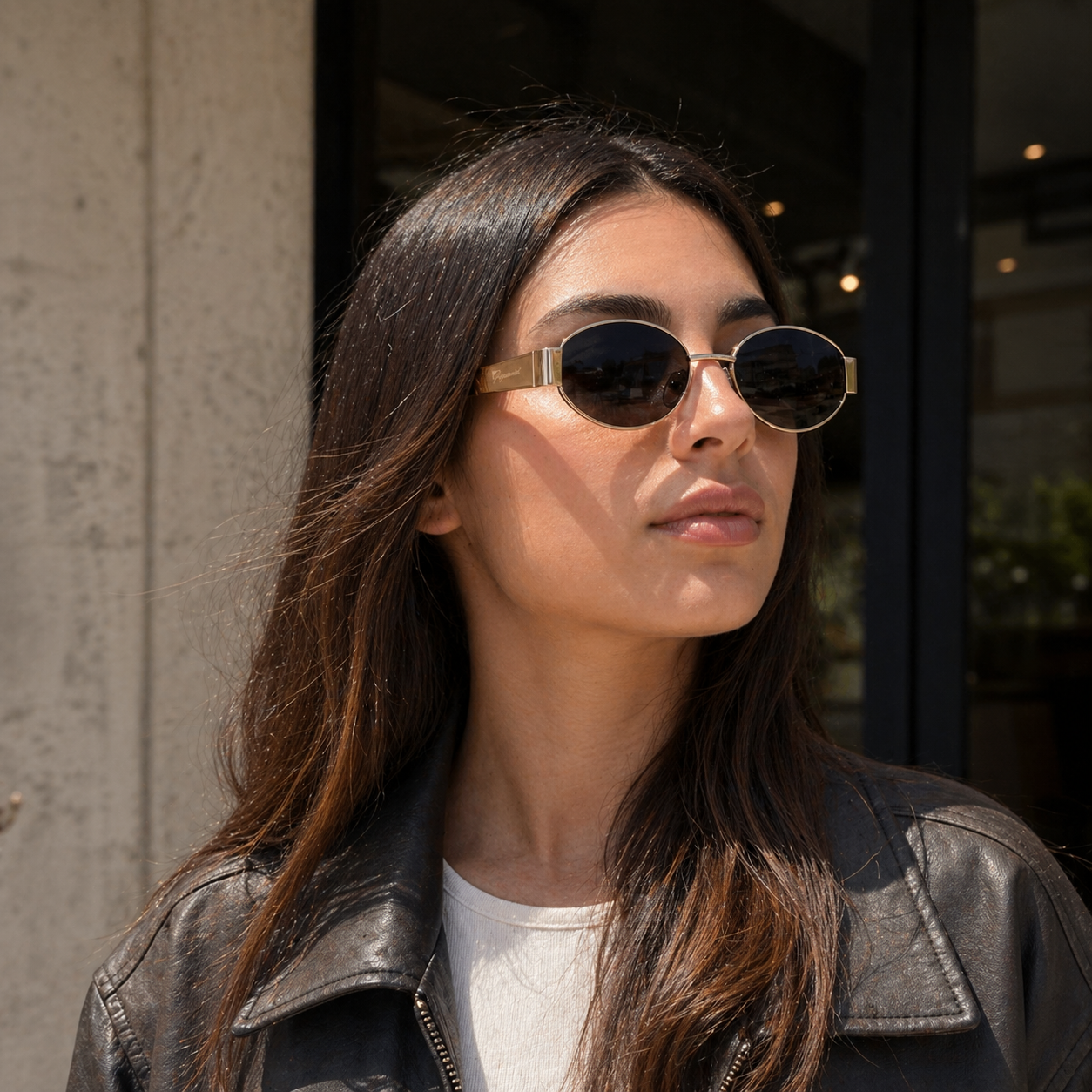 Modelo usando lentes de sol hexagonales plateados Peppermint
