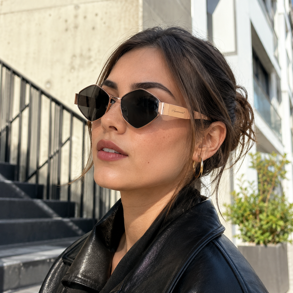 Modelo usando lentes de sol hexagonales dorados Peppermint