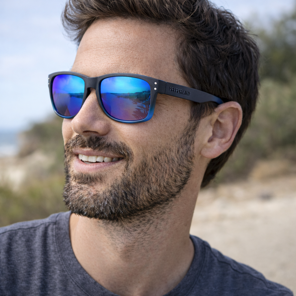 Modelo usando lentes de sol azul espejo Peppermint UV400